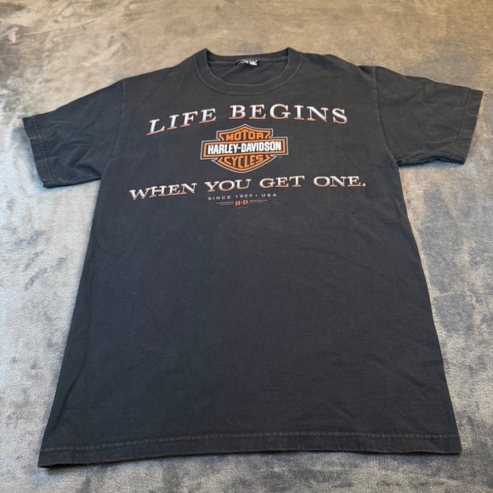 Harley Davidson Life Begins Graphic T Shirt Mens Small Black Double Sided Tee